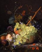 of grapes and a peach on a table top, Jan van Huijsum